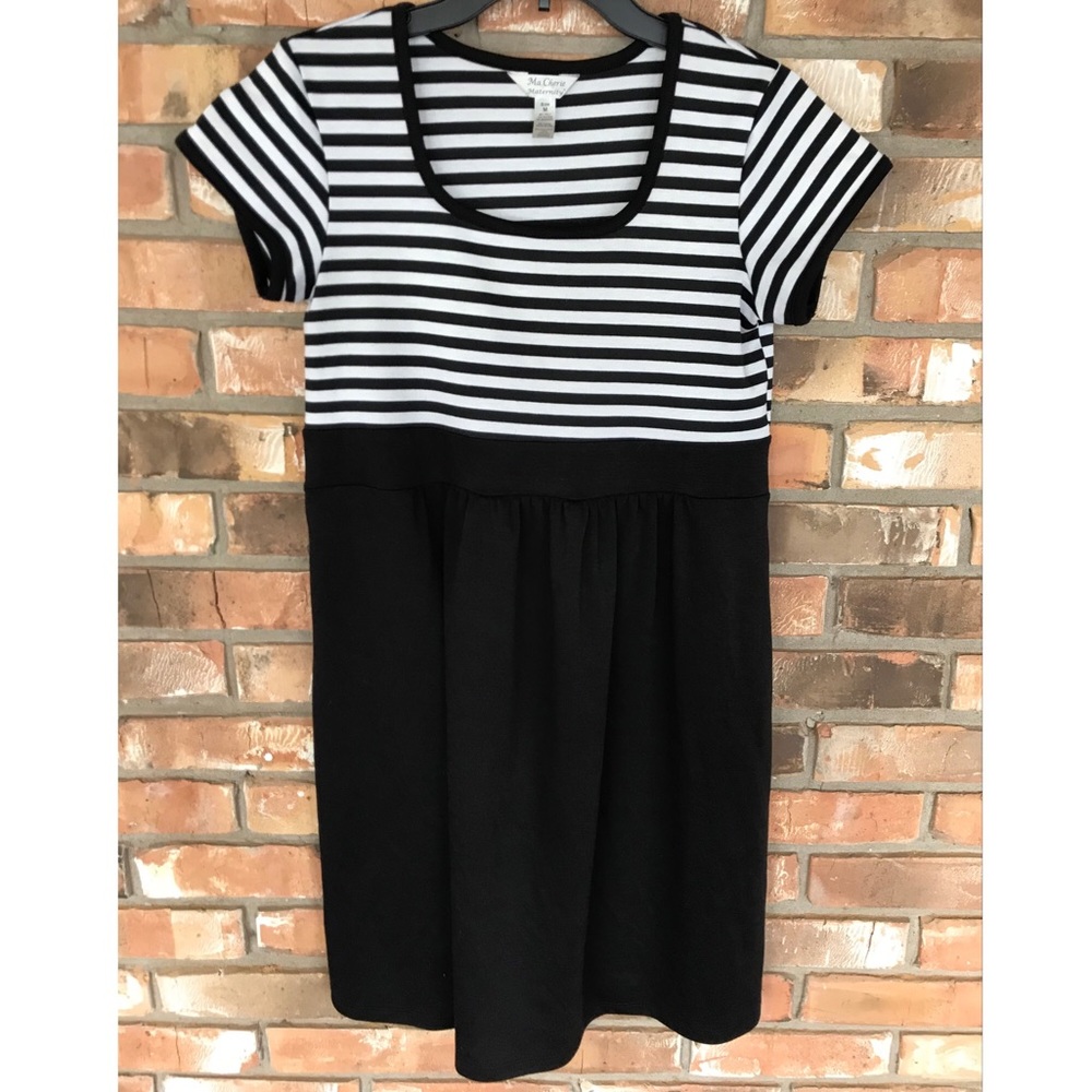 Ma Cherie Maternity Dress Size M Black White Striped Empire Waist Short Sleeve